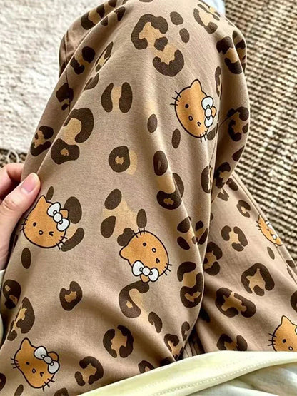 Cartoon Hello Kitty Spring Summer Leopard Print Wide Leg Pajama Pants