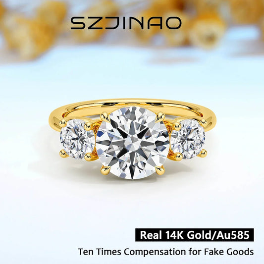 3 Stone D Color Moissanite Diamond Ring 14K Gold Engagement Wedding