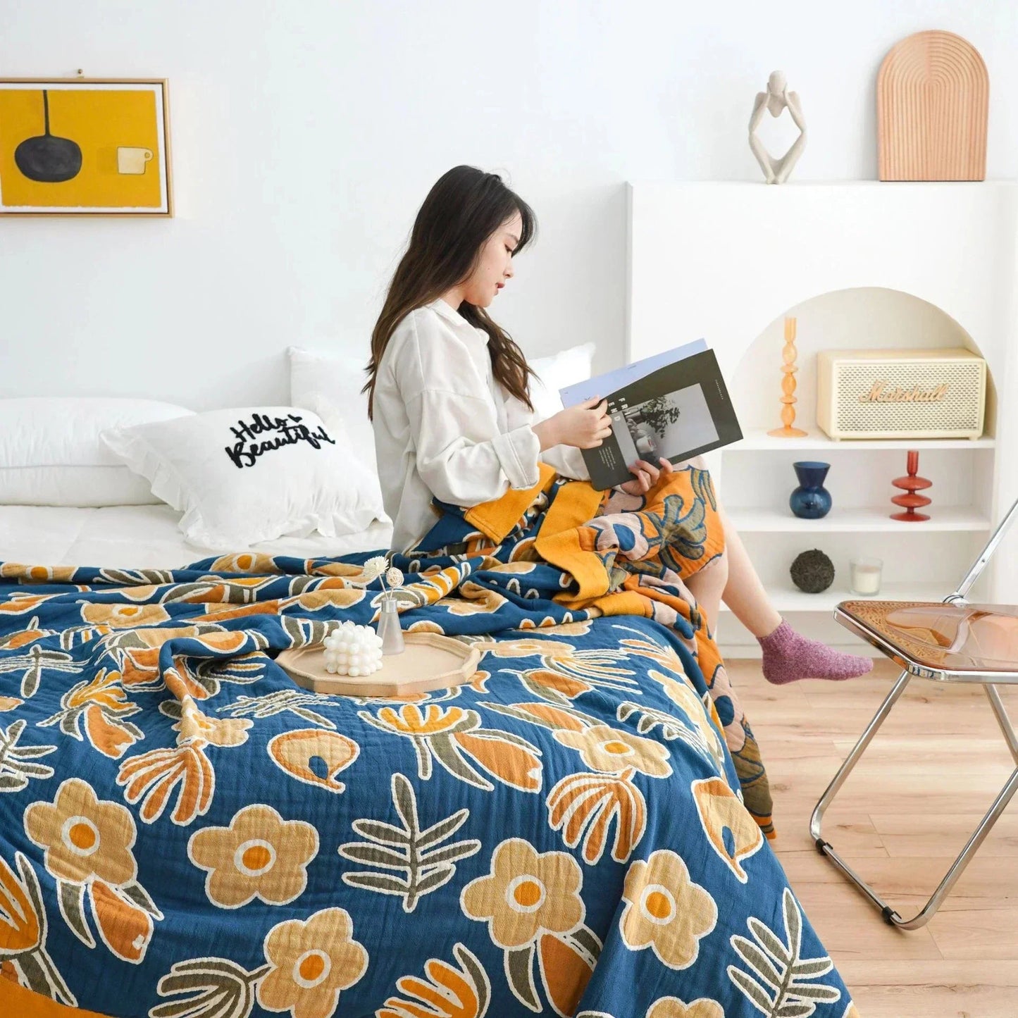 DecorBites™ Japanese Cotton Gauze Flower Blanket: Soft and Breathable Summer Throw