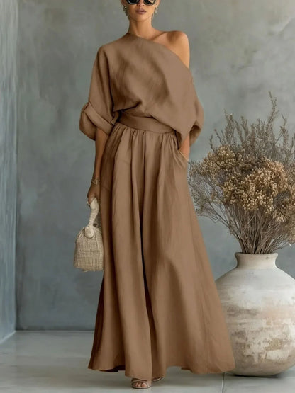 Elegant Two-Piece Short Sleeve Top & Casual Pants Set Woman Sexy Slash