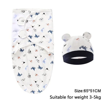 Baby Blanket Hat Set Cartoon Printed Cotton Newborn Swaddle Adjustable Infant Sleeping Swaddle Wraps All Seasons 0-6 Months