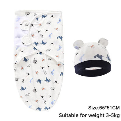 Baby Blanket Hat Set Cartoon Printed Cotton Newborn Swaddle Adjustable Infant Sleeping Swaddle Wraps All Seasons 0-6 Months