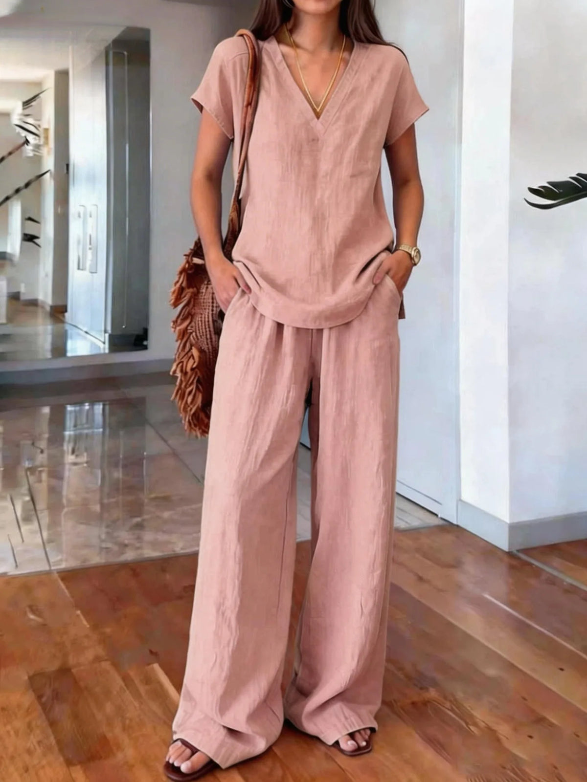 Loose Summer Trousers Set Solid Color Simple Daily Comfortable V-neck Short-sleeved Pullover Top Wide-leg Trousers Two-piece Set