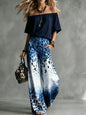 Summer Women Off Shoulder Short Sleeve Top Gradient Leopard Print Wide Leg Pants Two Piece Boho Casual Fashion Matching Suit New
