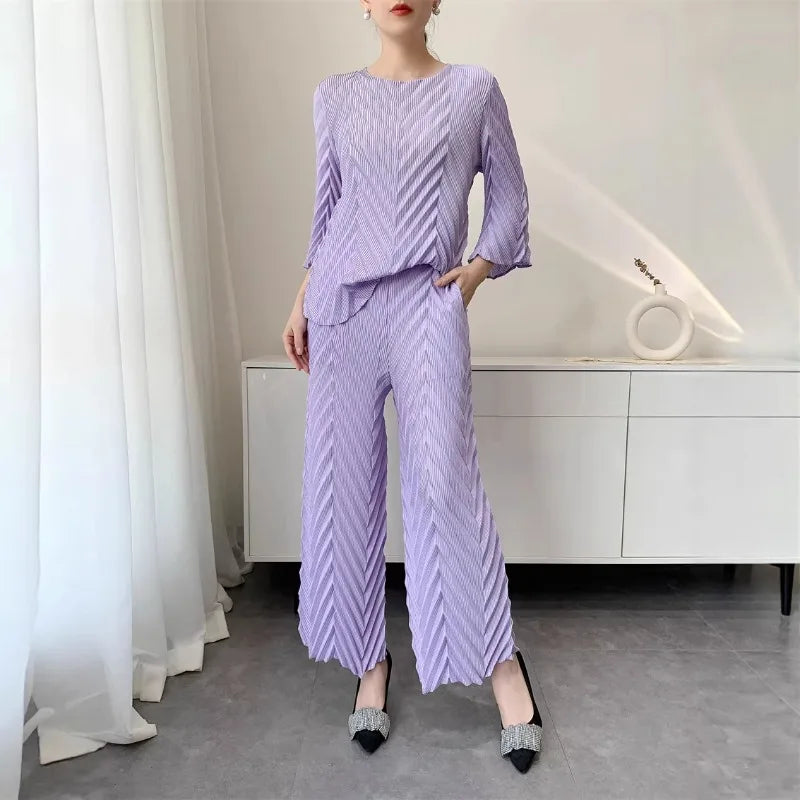 Spring New Women Handmade Pleated Pants Set Comfortable Casual Seven