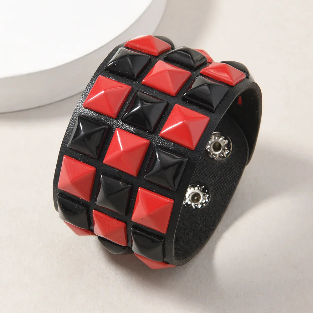 18 Color Punk Hip-Hop Three Rows of Square Rivets PU Leather Big Wide