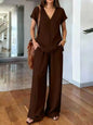 Loose Summer Trousers Set Solid Color Simple Daily Comfortable V-neck Short-sleeved Pullover Top Wide-leg Trousers Two-piece Set