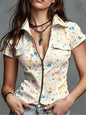 Summer Ladies Short Sleeve Collared Shirt Front Zip Design Multicolor Floral Print Top Non-denim Fabric