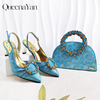 Multicolor Glitter Rhinestone Ring Handle Evening Clutch And Women High Heels Shoes Set Wedding Party Matching Bag