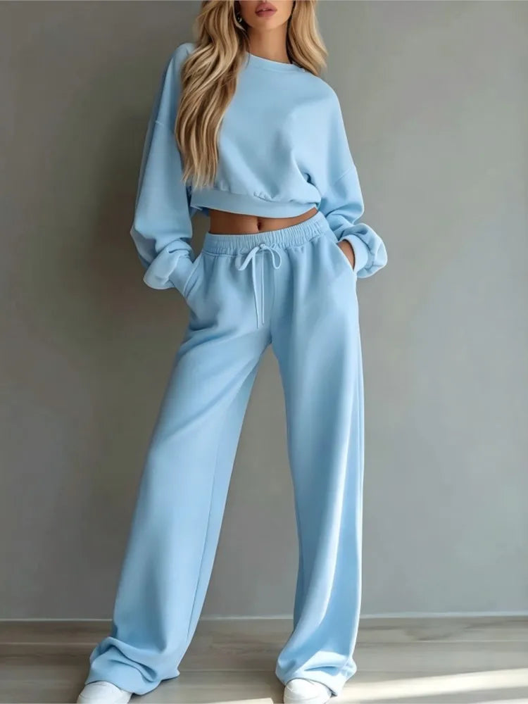 Autumn New Casual O Neck Long-Sleeved Ultra-Short Sweatshirt Trousers