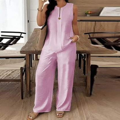 Summer O Neck Button Vest Shirt Wide Leg Pants Suit Women Casual Two Piece Set Solid Color Comfortable Holiday Outfits White