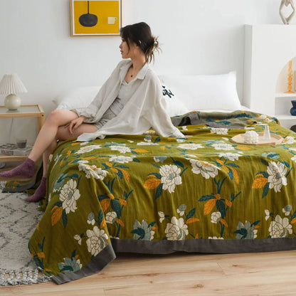 DecorBites™ Japanese Cotton Gauze Flower Blanket: Soft and Breathable Summer Throw