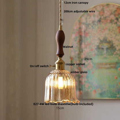 DecorBites™ Green Glass LED Pendant Lamp | Modern Nordic Wood Walnut | Brass Knob Switch | Hanging Light