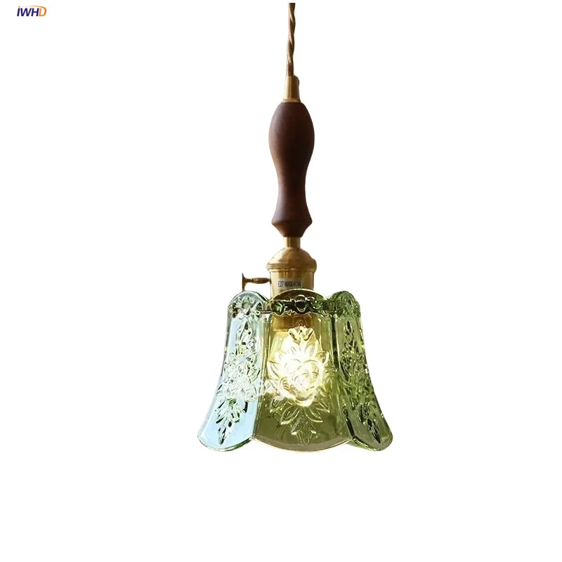 DecorBites™ Green Glass LED Pendant Lamp | Modern Nordic Wood Walnut | Brass Knob Switch | Hanging Light