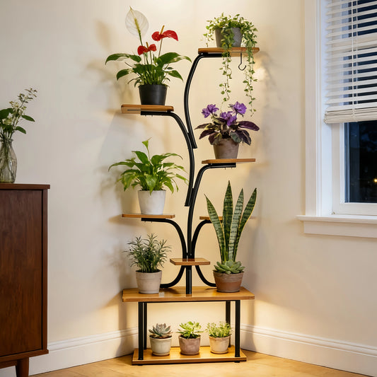 8-Tiered Indoor Plant Stand Metal Tree-Shaped Corner Shelves with Thickened Wooden Boards for Multiple Plants Flower Display for Balcony Patio Living Room Entrance Decoration