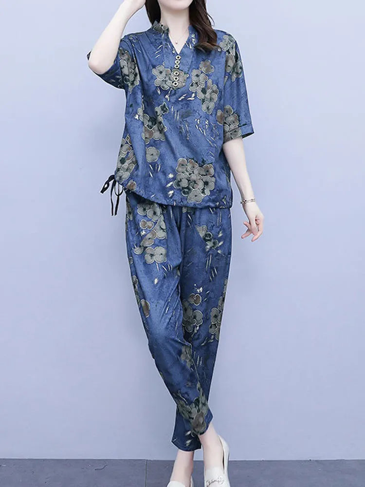 New Korean Sets Women Summer Loose Short Sleeves Printing Tops