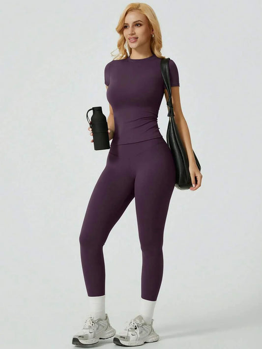 2 Piece Yoga Set Women Short Sleeve Top High Waist Leggings Gym