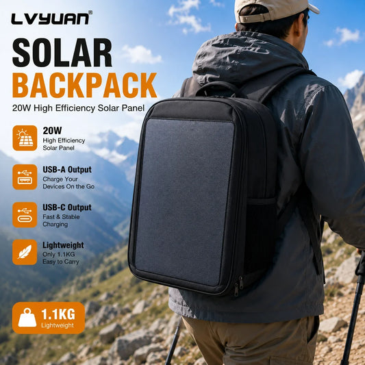 LVYUAN 20W Solar Backpack Portable Solar Charging Backpack USB Type-C Output Outdoor Hiking Camping Travel Laptop Backpack Water Resistant Large Capacity Daypack for Phone Tablet Power Bank Trekking Cycling Fishing