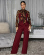 2 Pcs Women Chic Pants Suit Casual Leopard Patchwork Slim Top