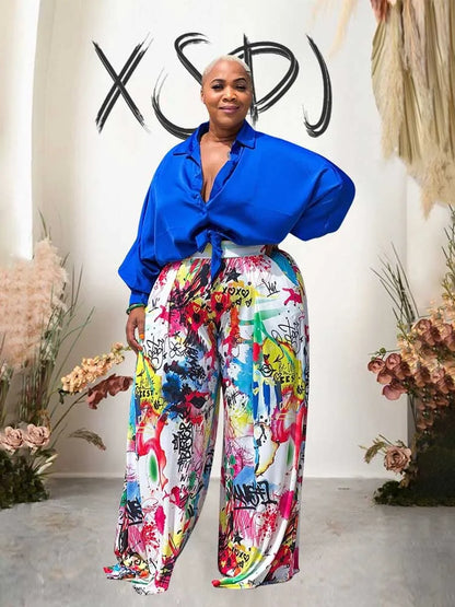 2piece Woman Outfit Streetwear Blue Silk Blouses Women Plus Size