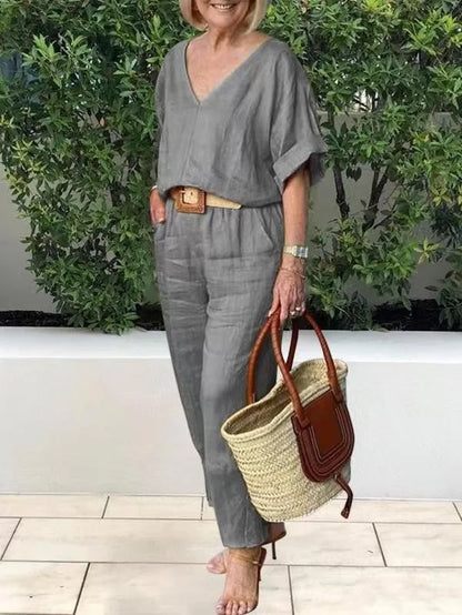 2 Piece Sets Women Outfit Women Suits Gray V-Neck Short Sleeve Tops