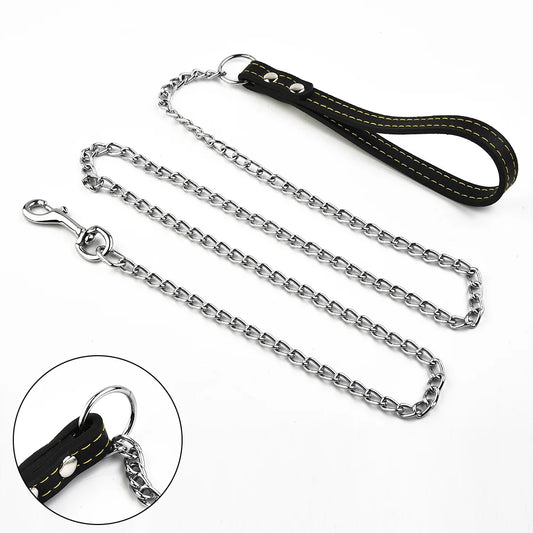Metal Chain Dog Lead with Leather Style Handle Strong Control Leash Iron Dog Pets Supplies Collars Harnesses Chain Traction Rope