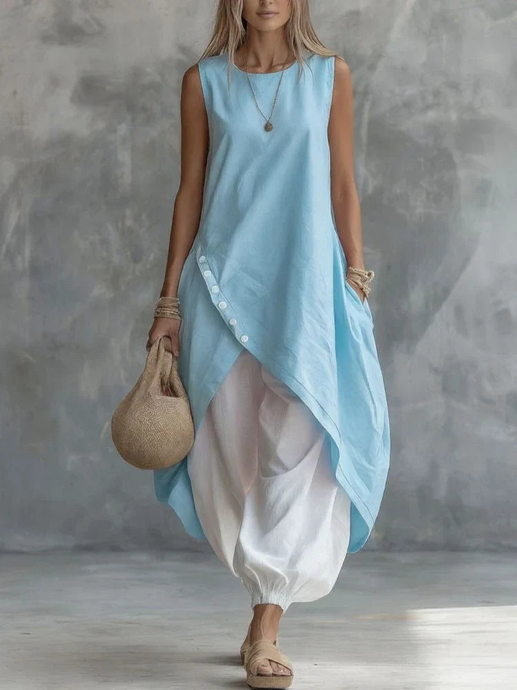 Casual Women Summer 2PCS Matching Set O-Neck Irregular Long Shirt