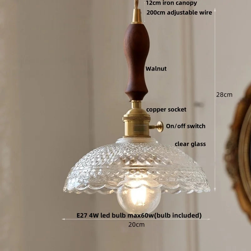 DecorBites™ Green Glass LED Pendant Lamp | Modern Nordic Wood Walnut | Brass Knob Switch | Hanging Light