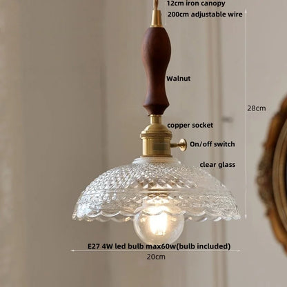 DecorBites™ Green Glass LED Pendant Lamp | Modern Nordic Wood Walnut | Brass Knob Switch | Hanging Light