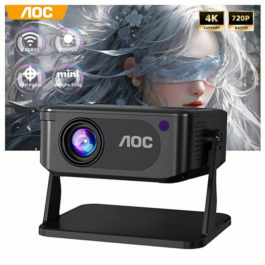 AOC HA109-PRO Portable Mini Projector, Native 720p Projector, 200 ANSI Lumens, Wi-Fi 6, Bluetooth 5.0, 4K Decoding, 360° Rotatable Stand, Auto Keystone Correction, Home Theater and Outdoor Movie Projector for the Bedroom