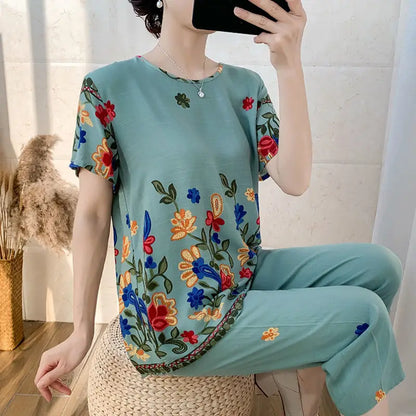 Summer Women Cotton Linen Short Sleeve Set Large Size Middle-Aged