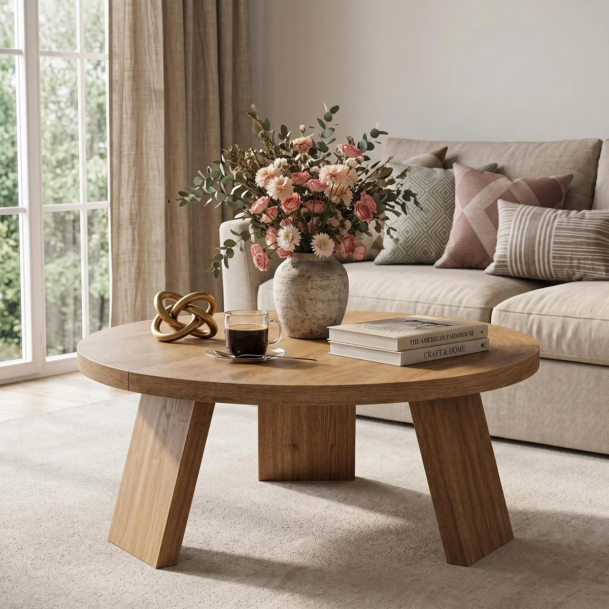 33.5 Inch Round Coffee Table for Living Room, Modern Center Table with