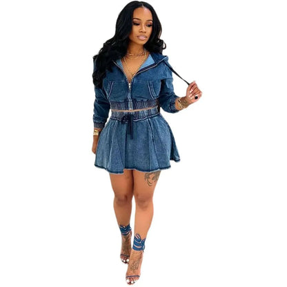 Autumn Women's Clothing Matching Sets Long Sleeve Denim Jacket Short