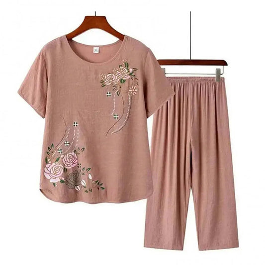 Middle-aged and elderly women's short-sleeved t-shirt mother suit loose large size cotton linen two-piece suit