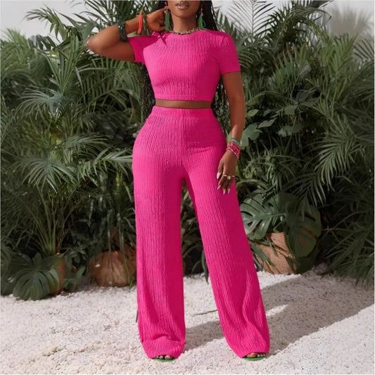 Casual Sports Set for Women Sexy Slim Short Sleeve O Neck Tops+high