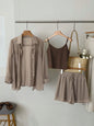 【Plus Size】 Three-Piece Set Solid Color Set, Casual Long Sleeve Button Shirt & Crop Cami Top & Shorts Set