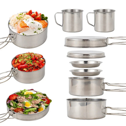 8pcs/set Camping Cookware Mess Kit Stainless Steel Cooking Pot and Pan