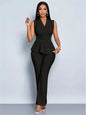 New Spring Summer Women's Trousers Two-piece Elegant Slim V-neck Sleeveless Irregular T-shirt Wide-leg Pants Office 2-piece Set
