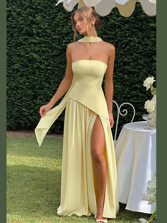 Solid Spliced Ribbon Maxi Dress Women Elegant Strapless Sleeveless Slit Long Dresses 2025 New Summer Holiday Party Lady Vestidos