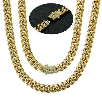 6-14mm Bling Gold Color Stainless Steel Cuban Miami Chains Necklaces