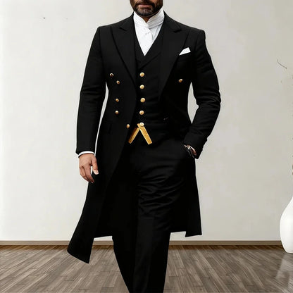Blue Men Wedding Suits 3 Piece Long Blazer Vest Pants Satin One Button