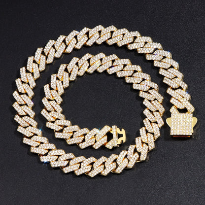 14mm Iced Out Prong Cuban Link Chain Necklace for 2 Row Rhinestone