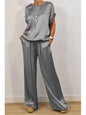 2-Piece Set Fashion Satin O Neck T-Shirt Top Trousers Summer Retro