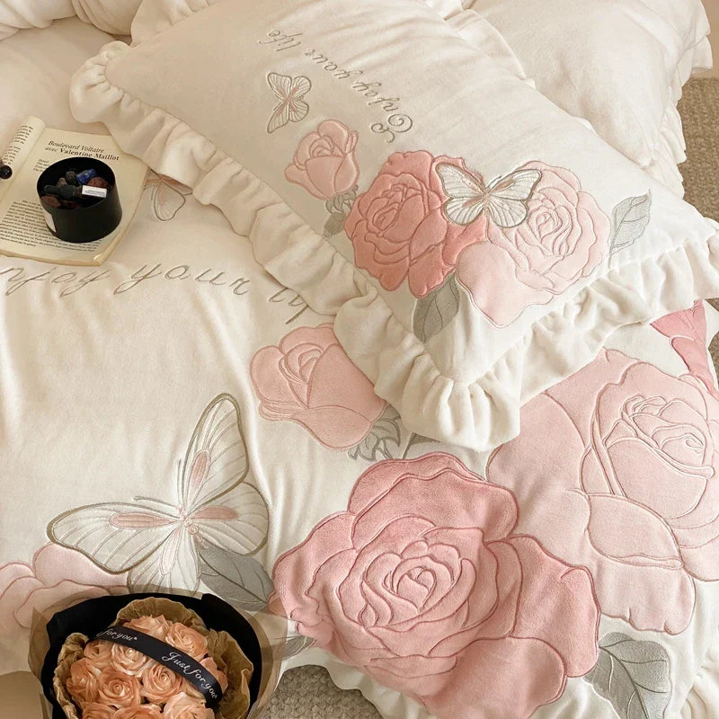 DecorBites™ Lace Ruffles Princess Duvet Set, Butterfly Flowers Embroidery, Cozy Bedding with Bed Sheet & Pillowcases