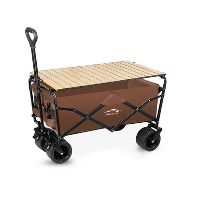 Heavy Duty Foldable Camping Wagon with Wooden Table Board All-Terrain Wheels Collapsible Utility Cart Large Capacity Portable