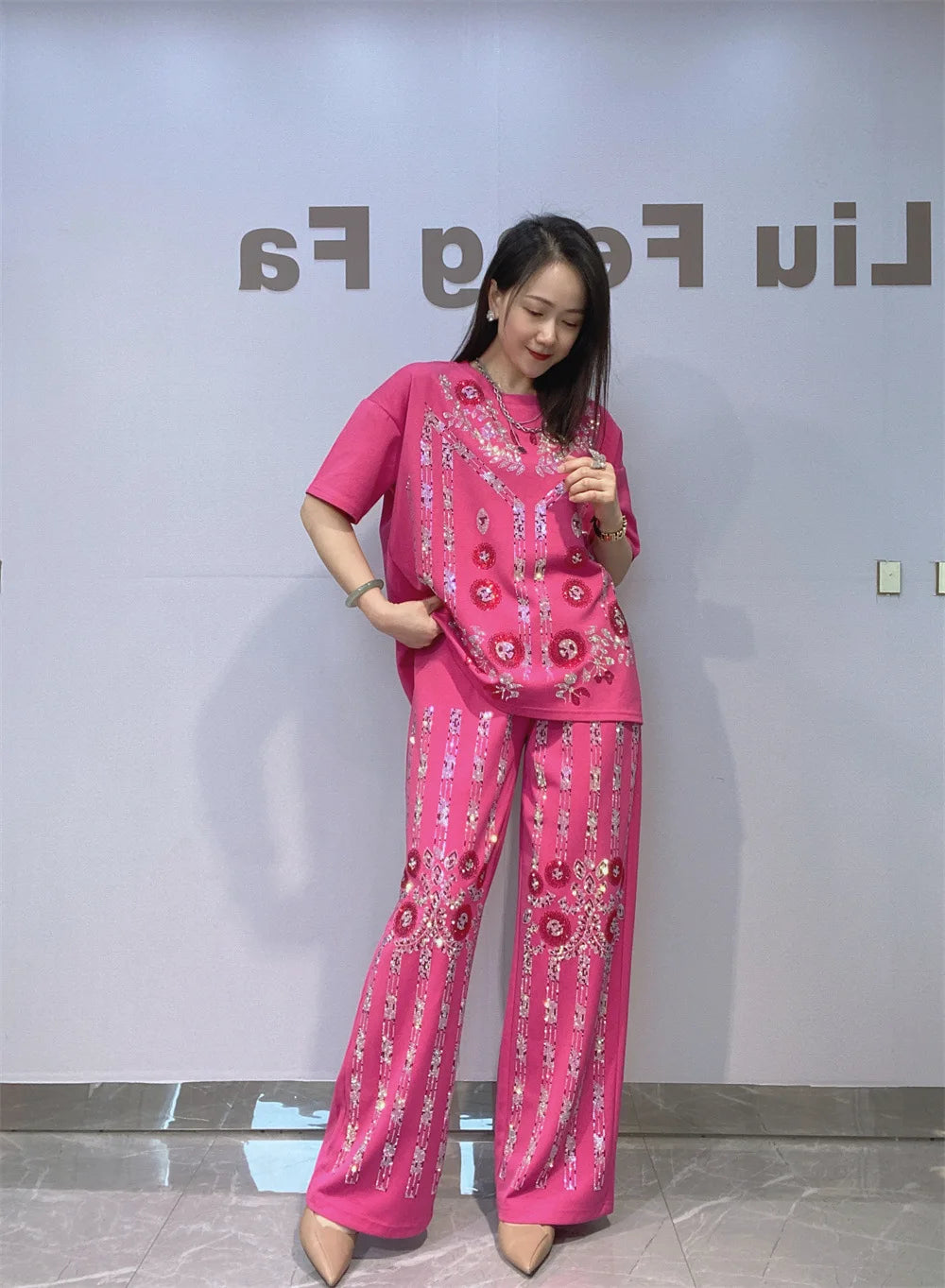 Summer Sequins Flower Short Sleeve T Shirt & Wide Leg Pant Sets Woman