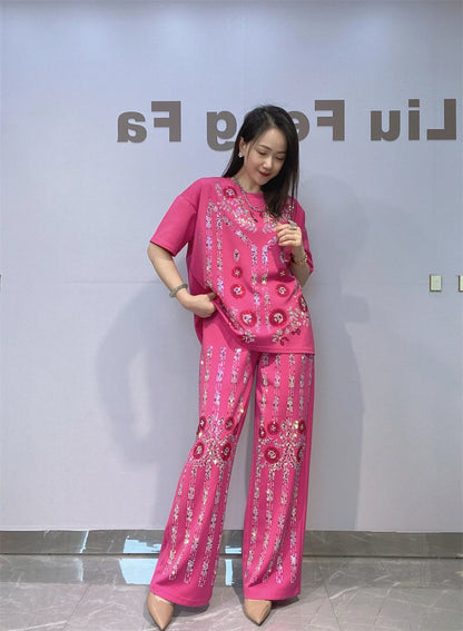 Summer Sequins Flower Short Sleeve T Shirt & Wide Leg Pant Sets Woman