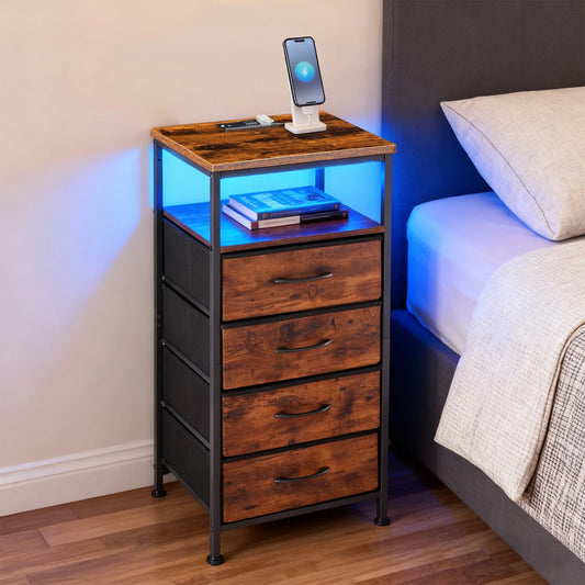 JHK Corner Table Cabinet with 4 Fabric Drawers Support USB/Type-C Ports and Outlets Adjustable Feet and Variable Light Strip