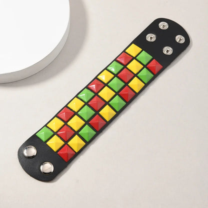 18 Color Punk Hip-Hop Three Rows of Square Rivets PU Leather Big Wide