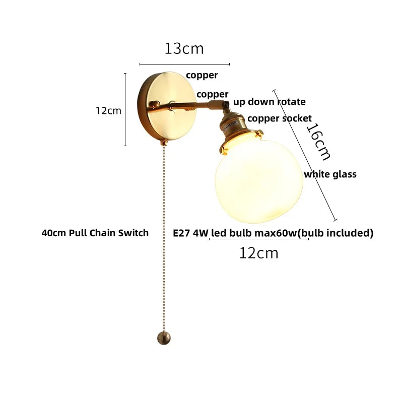 DecorBites™ Glass Rotate Copper Wall Sconce | Pull Chain Switch LED Light Fixture